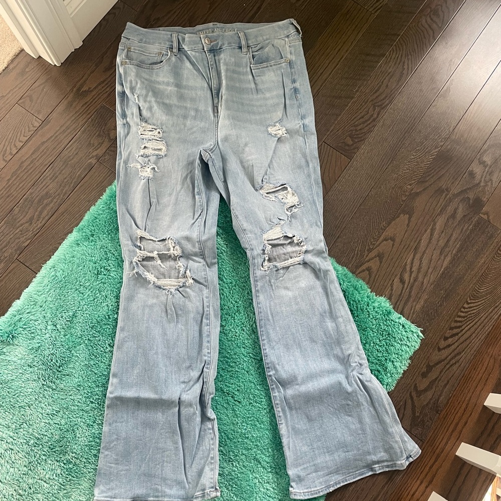 American Eagle Outfitters Light Blue Distressed Flare Jeans 16 Long